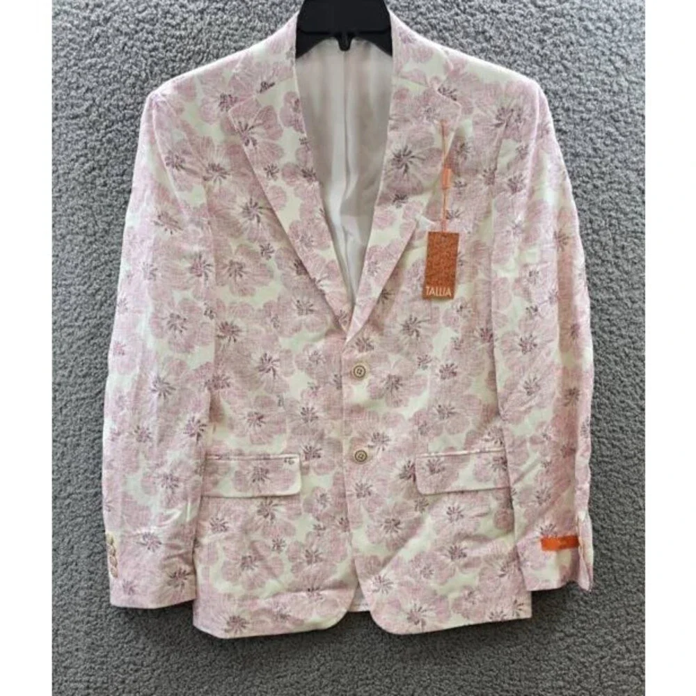 Tallia Linen Blend Slim Fit Printed Notch-Lapel Sport Coat Men's Pink/White L/S